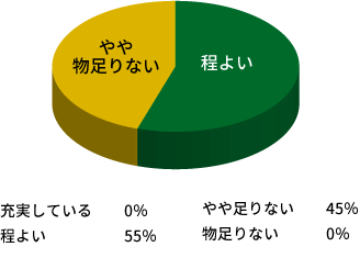 充実している0% やや足りない45% 程よい55% 物足りない 0%